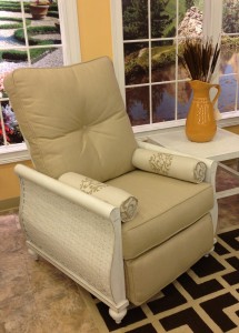 The classic Castelle cast aluminum outdoor recliner offers artisan craftsmanship, rust and weatherproof construction and a richness and quality evidenced by the hand finishing and polishing, the woven aluminum side panels, extraordinary upholstery detail and outstanding warranty.