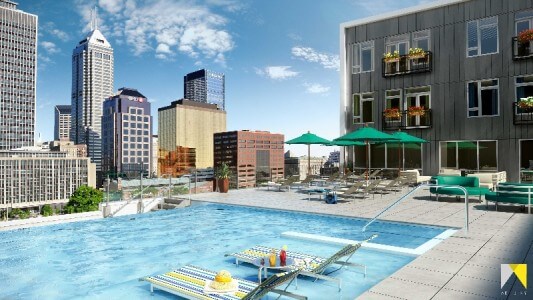A rendering of the rooftop pool and lounge area from artistryindy.com