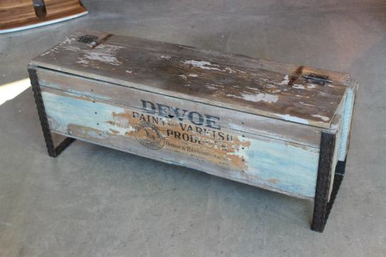 Antique Devoe Paint hinged box coffee table with metal welded legs.